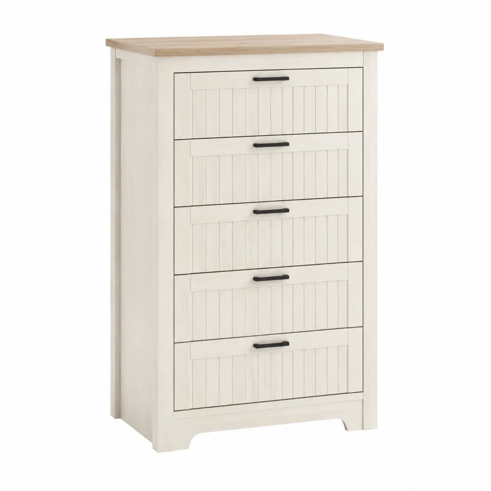 Cómoda de dormitorio 5 cajones MDF blanco y roble 80x40x120 cm