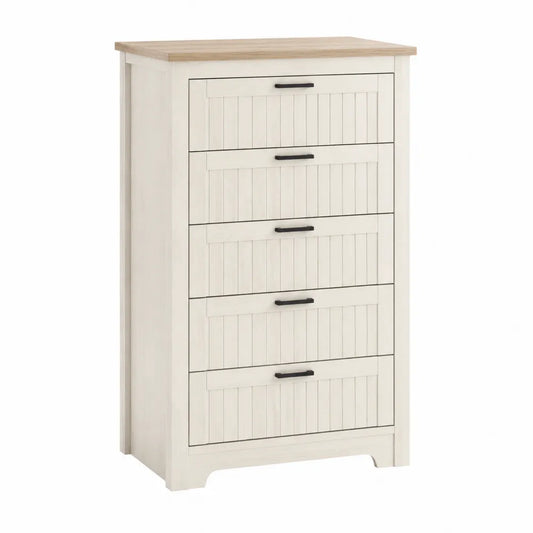Cómoda de dormitorio 5 cajones MDF blanco y roble 80x40x120 cm