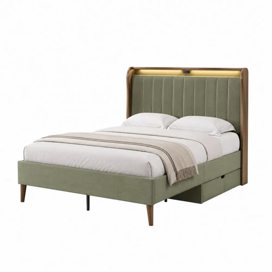 Cama doble de madera y tela verde con almacenamiento 200x160 cm