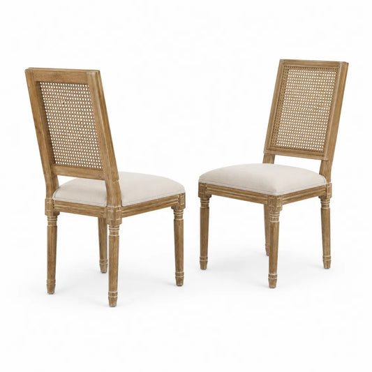 Set de 2 sillas de comedor de roble con respaldo de mimbre y asiento de lino