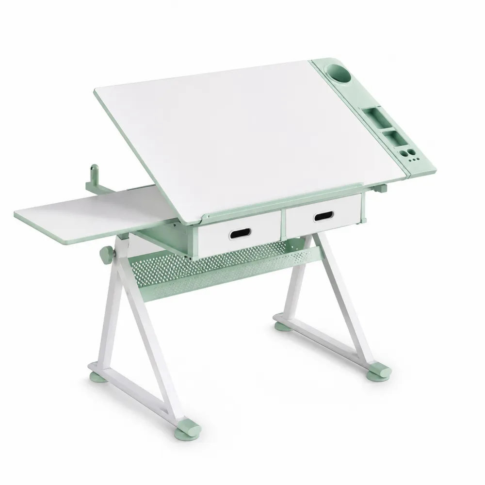 Mesa de Dibujo Ajustable de MDF y Acero, Blanco y Verde, 120x60 cm