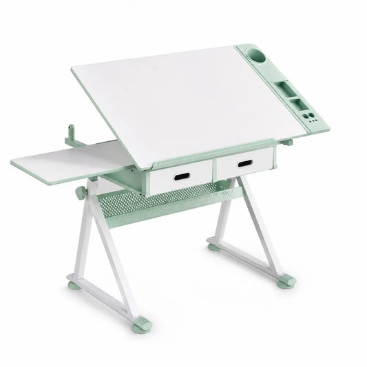 Mesa de Dibujo Ajustable de MDF y Acero, Blanco y Verde, 120x60 cm