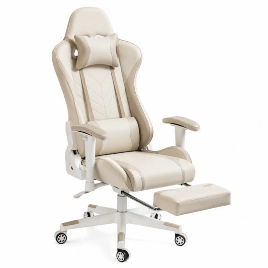 Silla ergonómica de oficina con respaldo reclinable y reposapiés, cuero PU beige