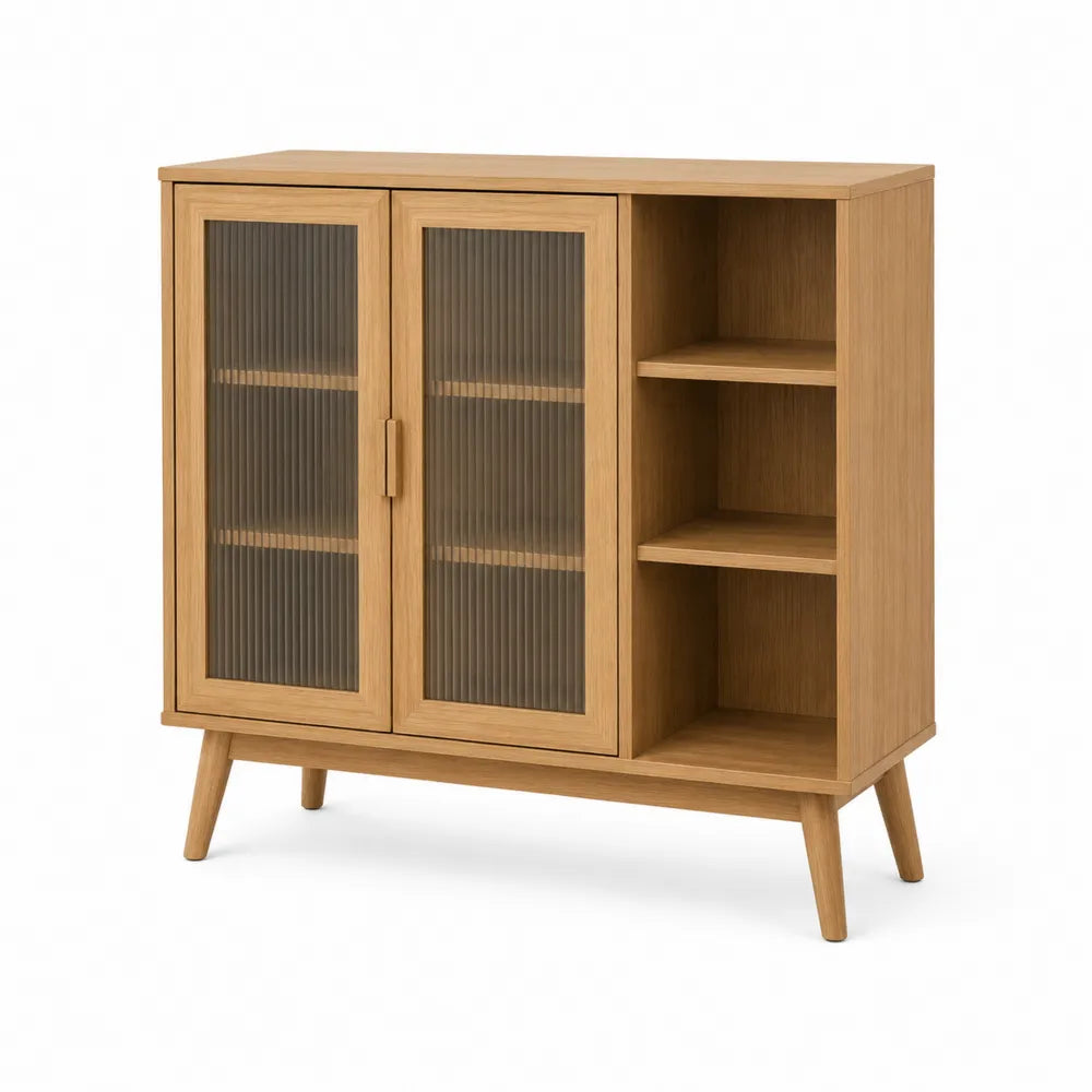 Aparador de madera de roble con puertas de vidrio templado estriado