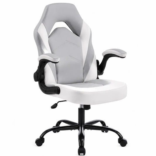 Silla giratoria de escritorio en cuero sintético gris y blanco con reposabrazos ajustables