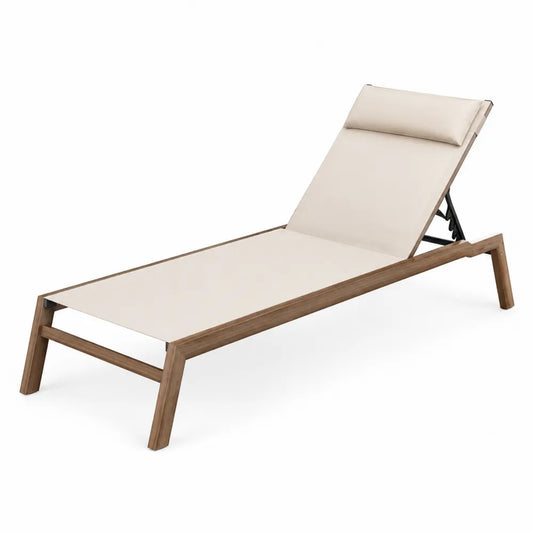 Tumbona de madera y textil beige 200x70x30cm
