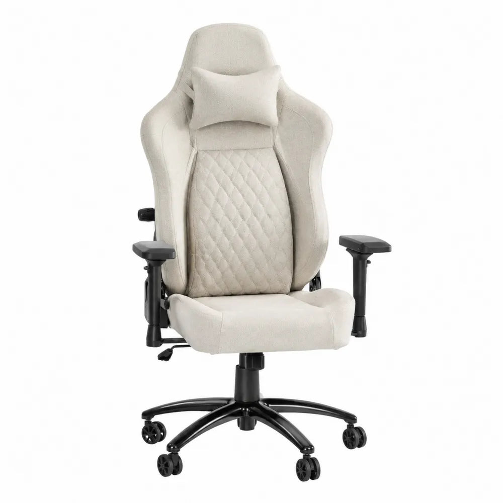 Silla ergonómica de tela poliéster beige con almohadilla lumbar