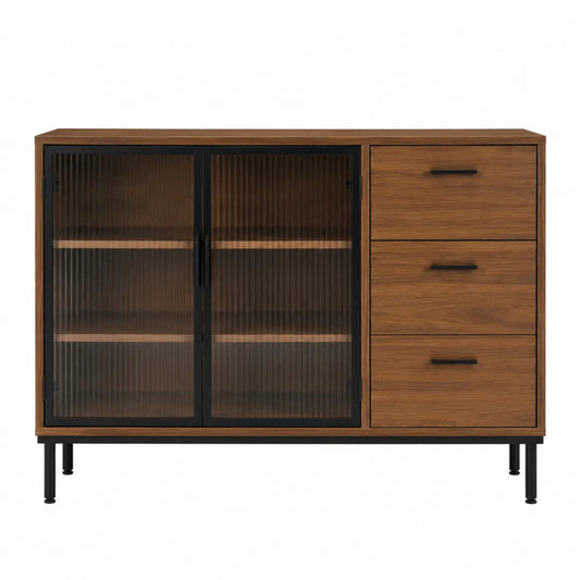 Aparador de Madera con Vidrio Templado Estriado y Cajones