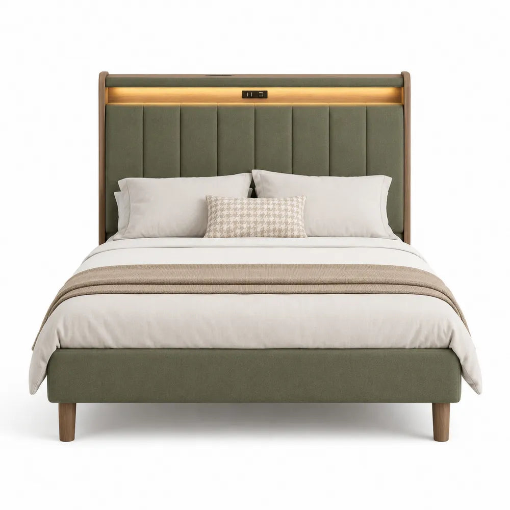 Cama tapizada verde con cabecero LED y USB
