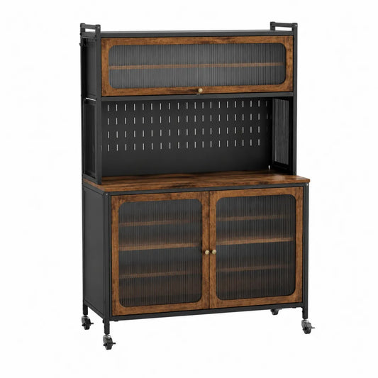 Gabinete de metal y madera con puertas de vidrio estriado