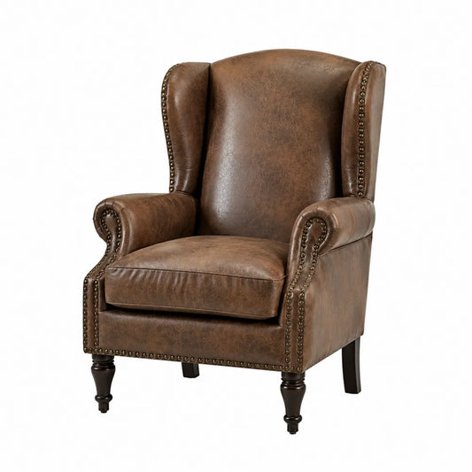 Sillón de orejas de cuero sintético marrón con tachuelas