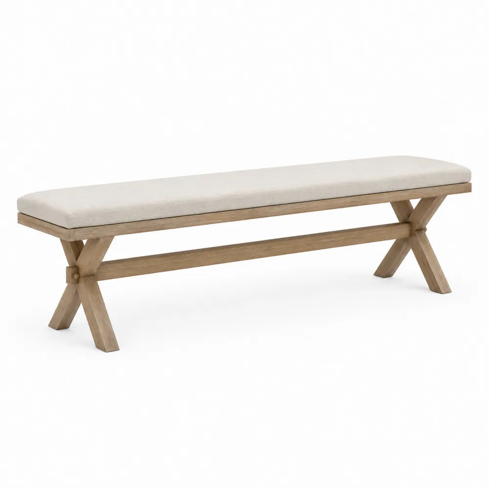 Banco de comedor madera de roble con asiento tapizado beige 140 cm