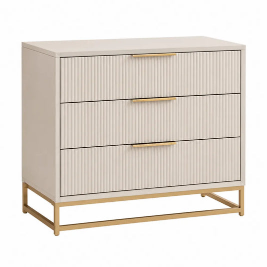 Cómoda de 3 Cajones de MDF Beige con Estructura de Acero Dorada