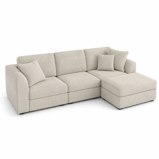 Sofá chaise longue de canalé de 3 plazas en beige
