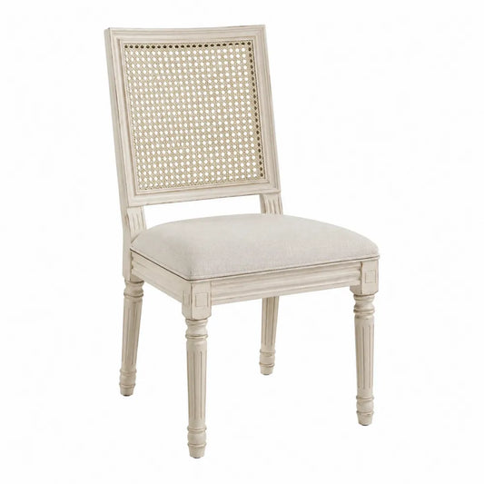 Silla de madera maciza con respaldo de rejilla y asiento de poliéster beige