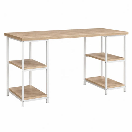 Escritorio de madera y metal con estanterías, color madera natural/blanco, 120x60x75 cm