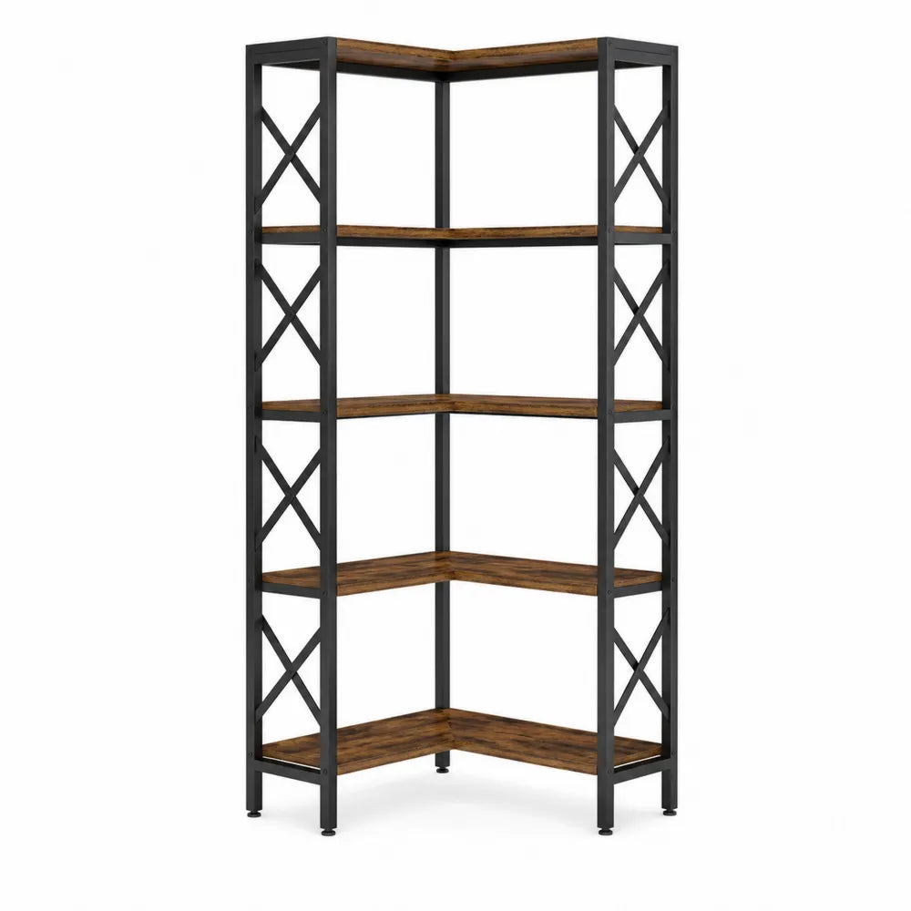 Estantería Esquinera de Metal y Madera MDF 5 Estantes Marrón/Negro