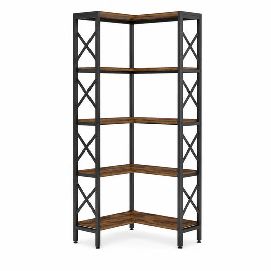 Estantería Esquinera de Metal y Madera MDF 5 Estantes Marrón/Negro