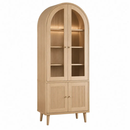 Vitrina de madera de roble con puertas de vidrio arqueadas, 180 cm de altura
