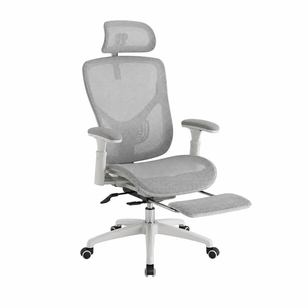 Silla de oficina gris con malla de poliéster y reposapiés