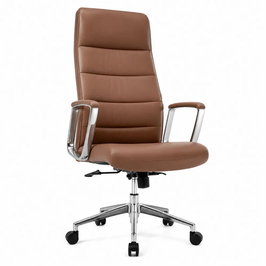 Silla de oficina de cuero sintético marrón y metal