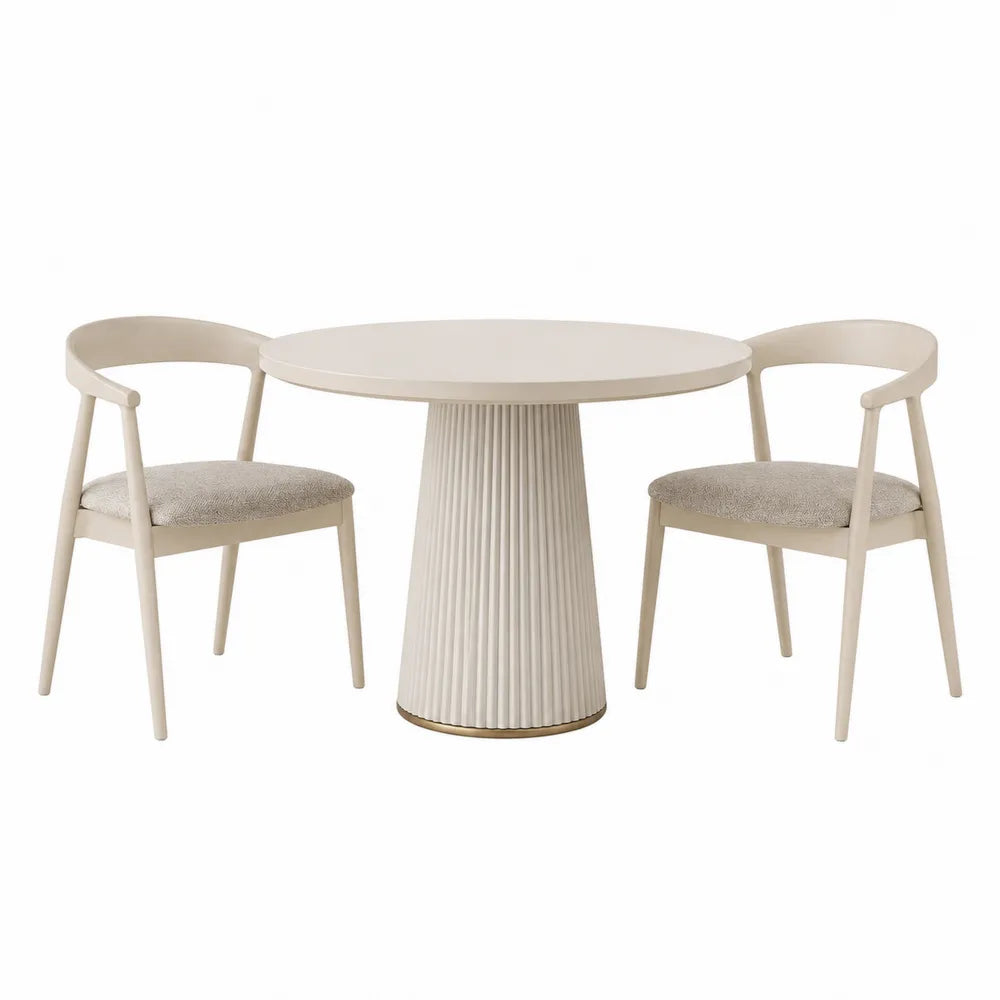 Conjunto de comedor redondo de madera y tela beige con patas estriadas