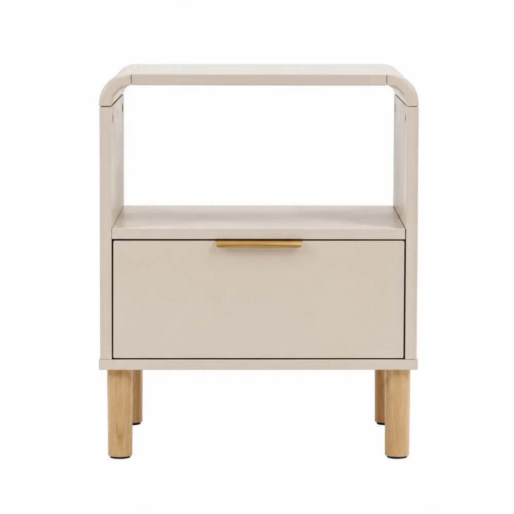 Mesita de noche beige con madera y metal