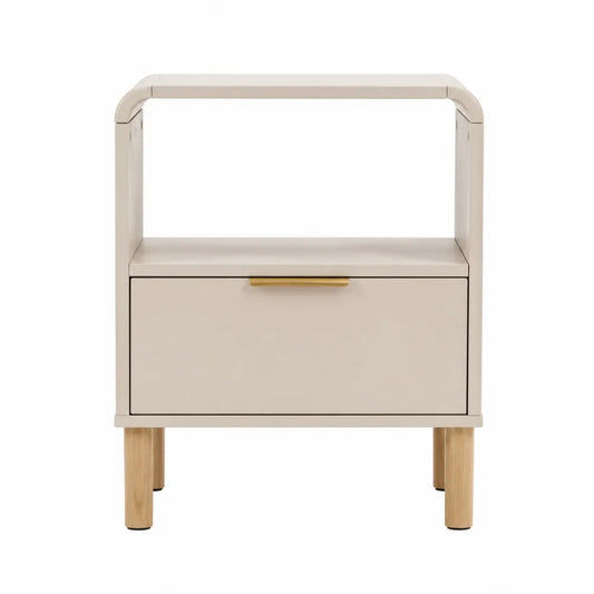 Mesita de noche beige con madera y metal