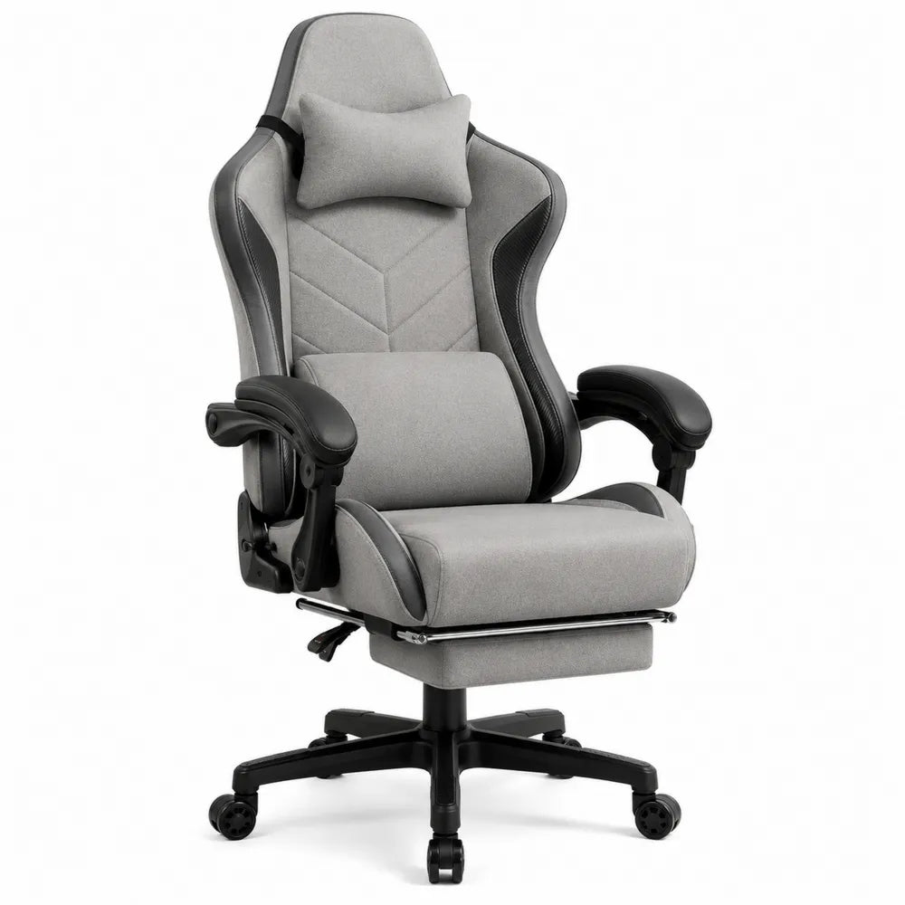 Silla de oficina ergonómica gris y negra con reposapiés y brazos ajustables