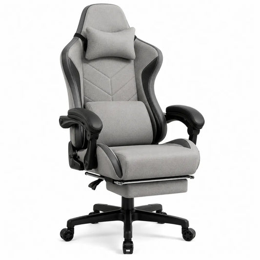 Silla de oficina ergonómica gris y negra con reposapiés y brazos ajustables