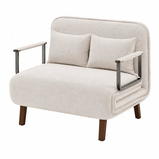 Sofá de tela poliéster beige con estructura de acero y patas de madera