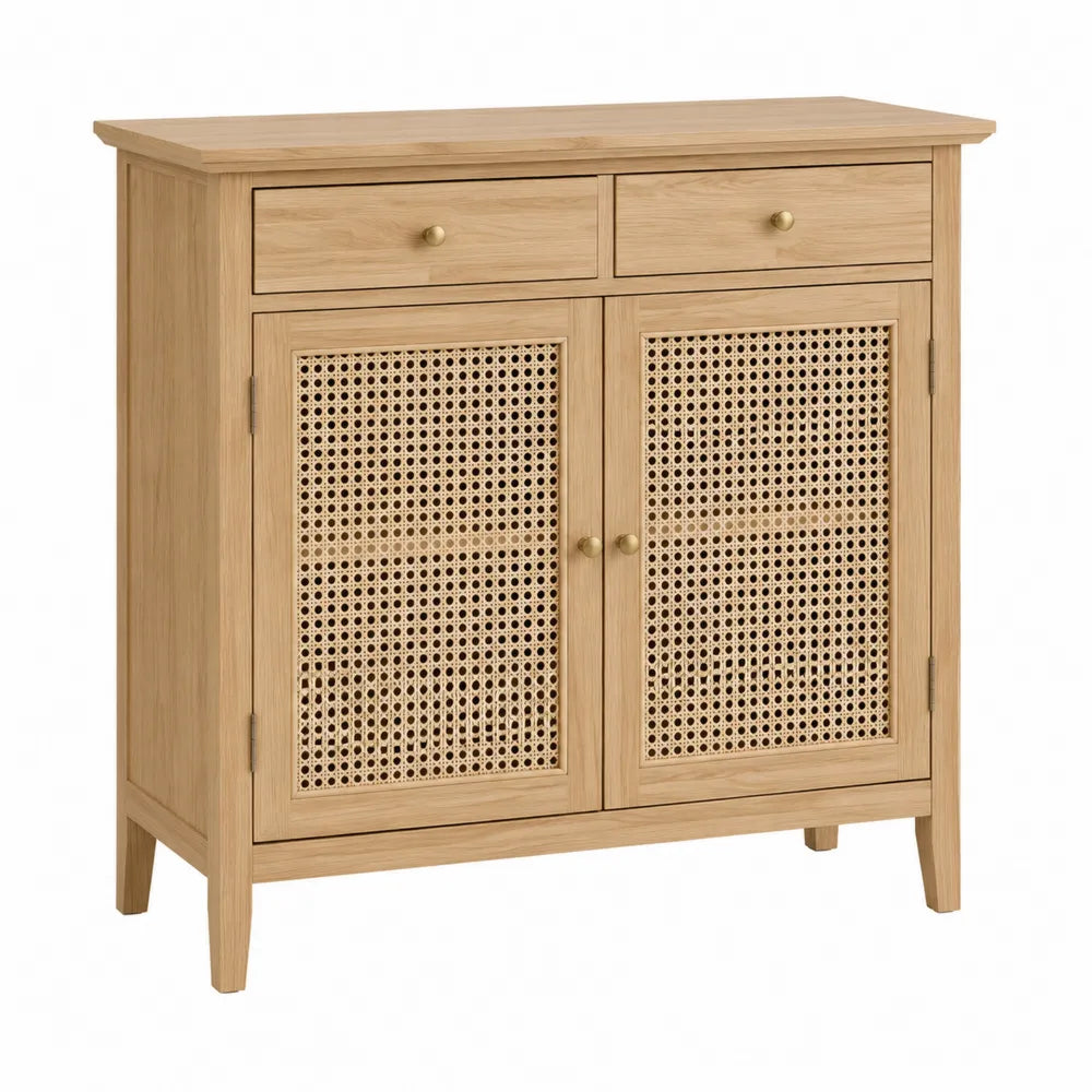 Aparador de Madera de Roble con Puertas de Ratán y 2 Cajones