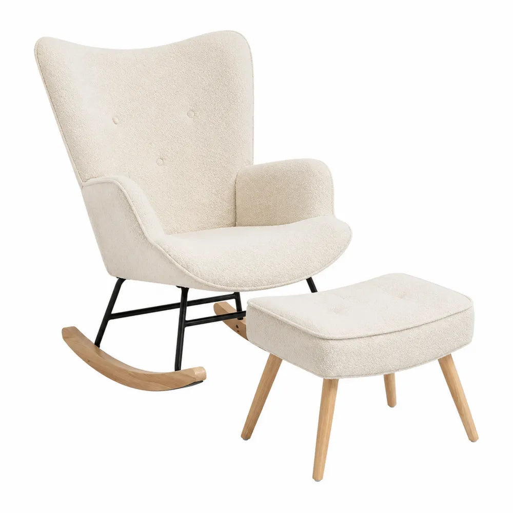 Mecedora y Reposapiés Bouclé Beige con Estructura de Madera y Metal