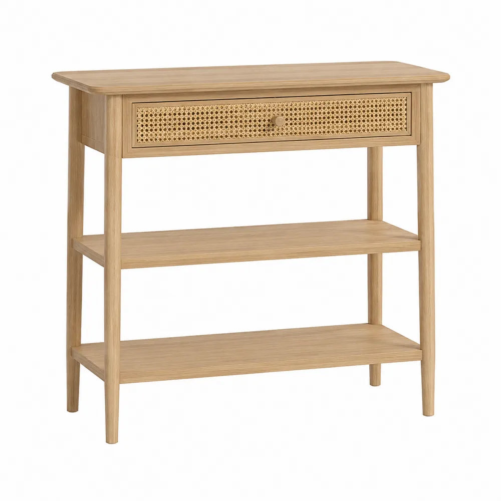 Consola de madera con cajón de ratán y estantes 80x30x80 cm