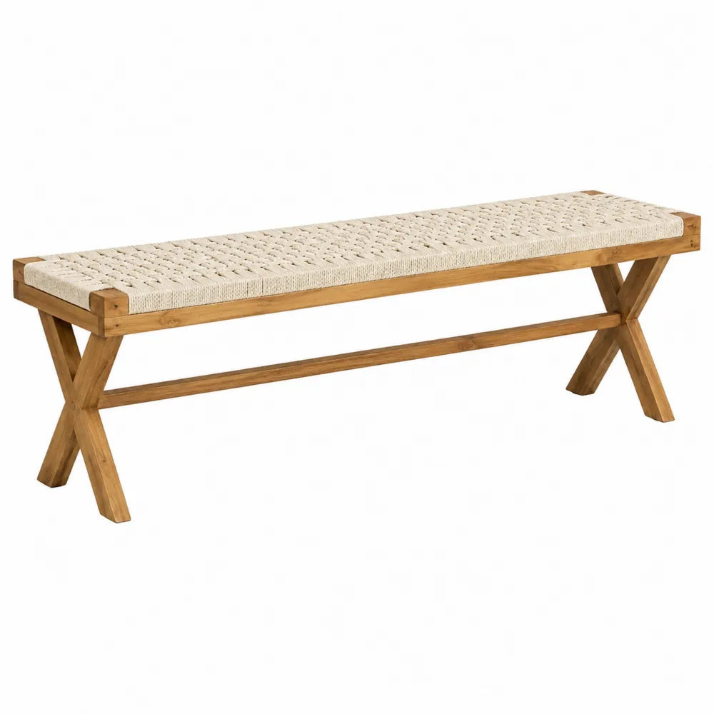 Banco de madera de acacia con asiento de cuerda beige