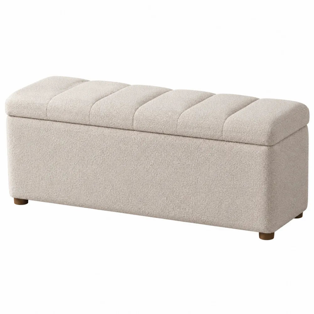 Banco de almacenamiento de tela beige con estructura de madera