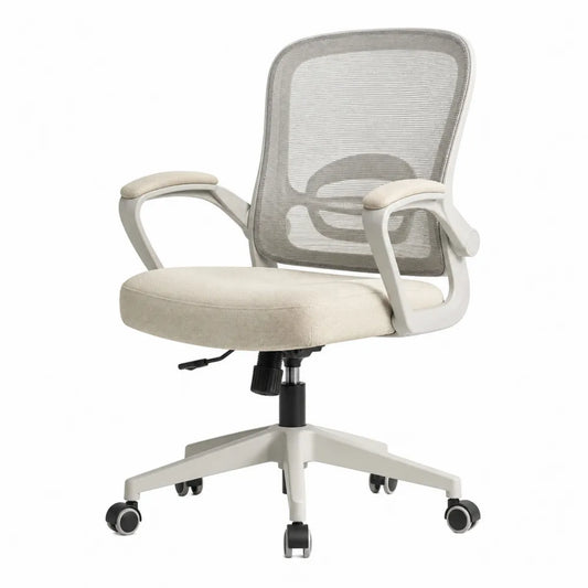 Silla de oficina giratoria de tela beige con respaldo de malla