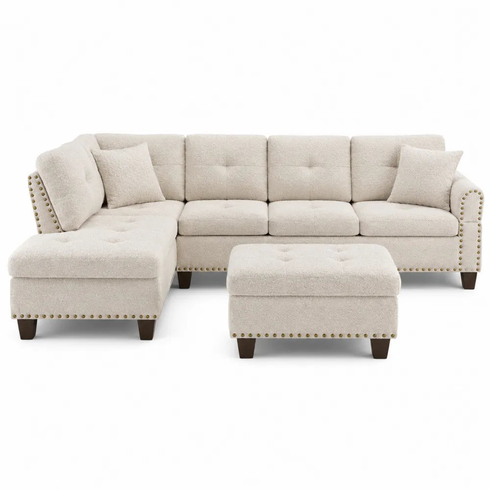 Sofá en L beige de poliéster con chaise longue y otomana