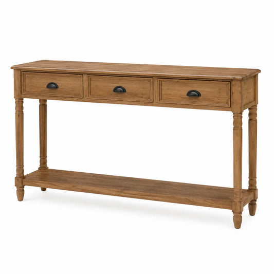 Consola de madera de pino maciza marrón con tres cajones