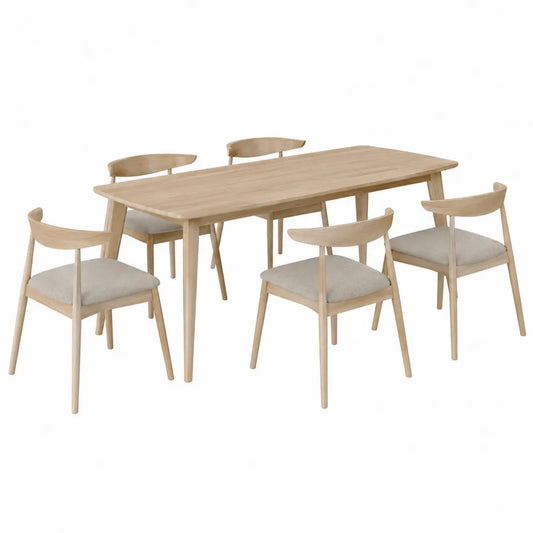 Conjunto de mesa de madera con 6 sillas tapizadas en lino