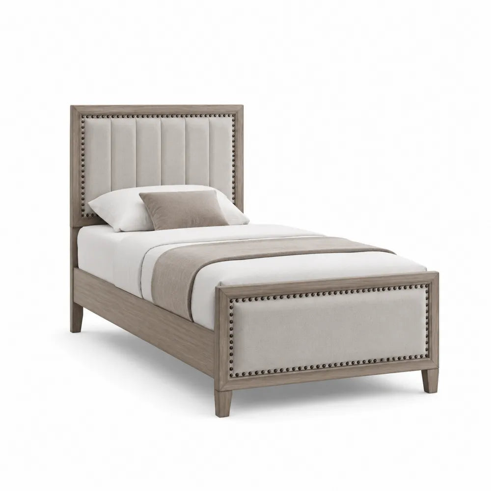 Cama individual con cabecero tapizado de tela gris 90x200 cm madera