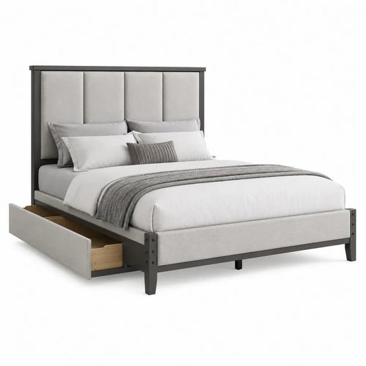 Cama doble de madera gris con cabecera tapizada y almacenamiento