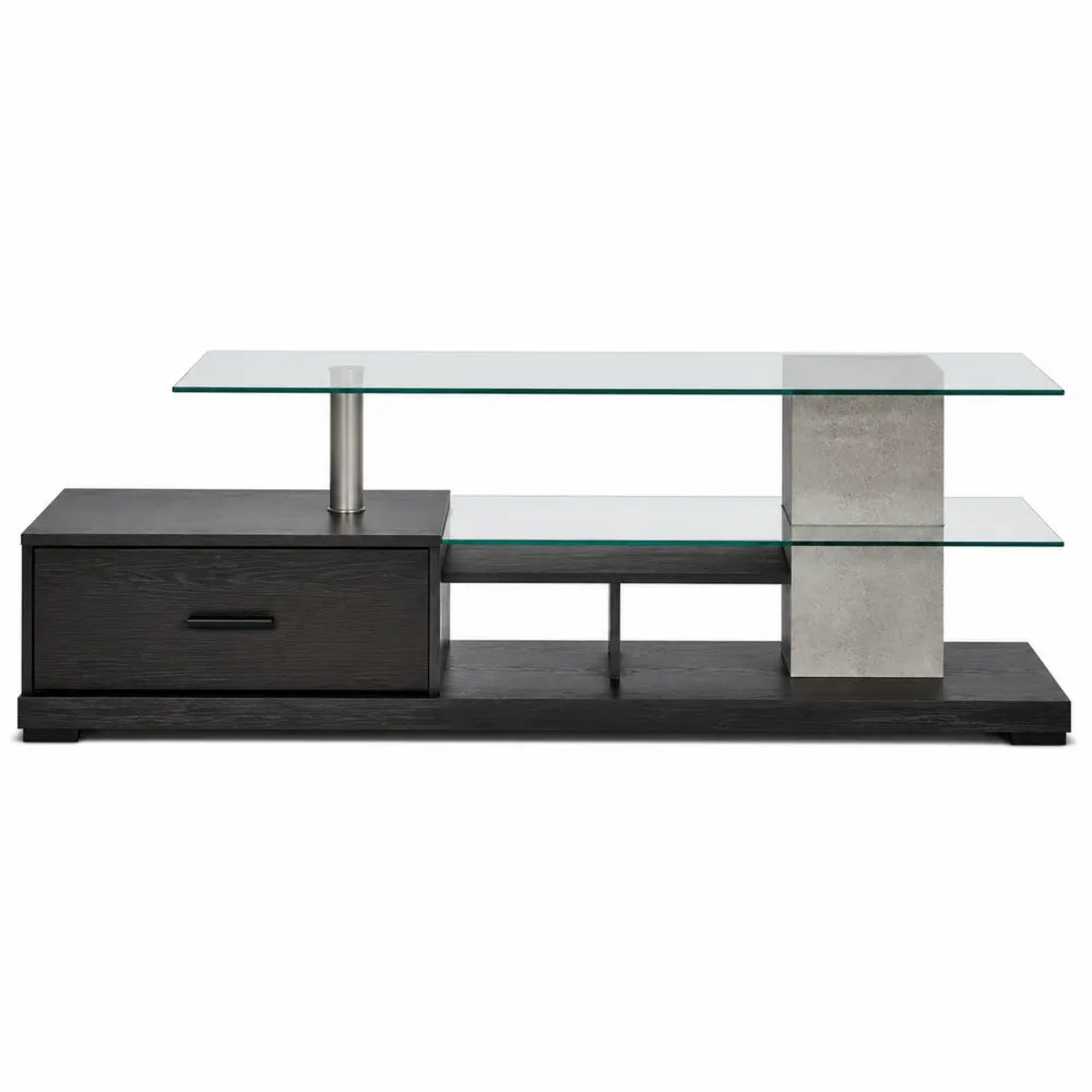 Mueble de TV con vidrio templado y cajón de MDF color negro