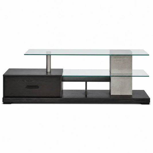 Mueble de TV con vidrio templado y cajón de MDF color negro