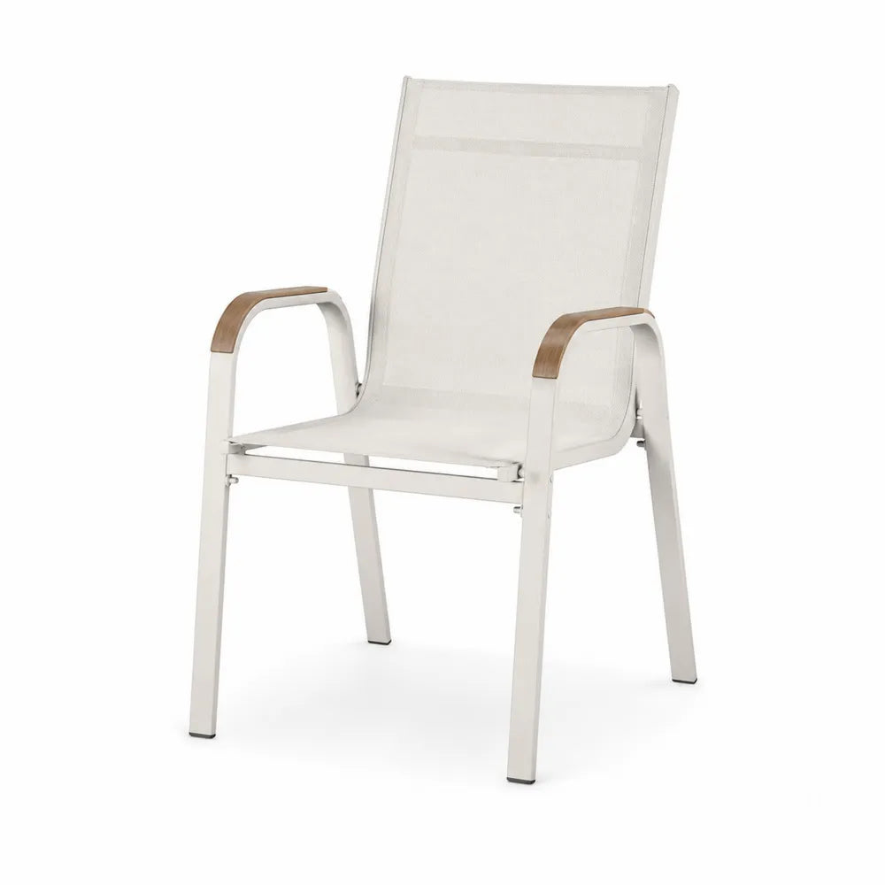 Silla de acero inoxidable y textilene con reposabrazos de madera
