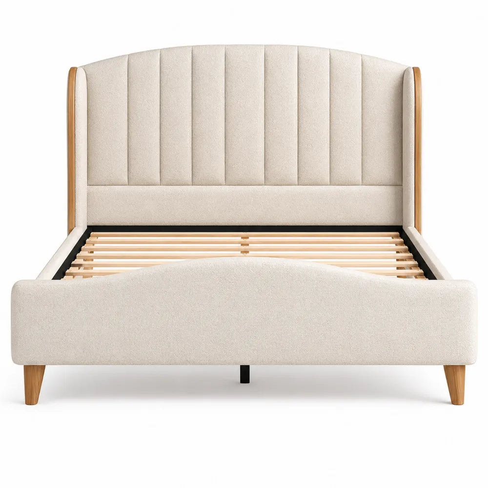Cama tapizada beige con cabecero acolchado de madera maciza 200x160 cm