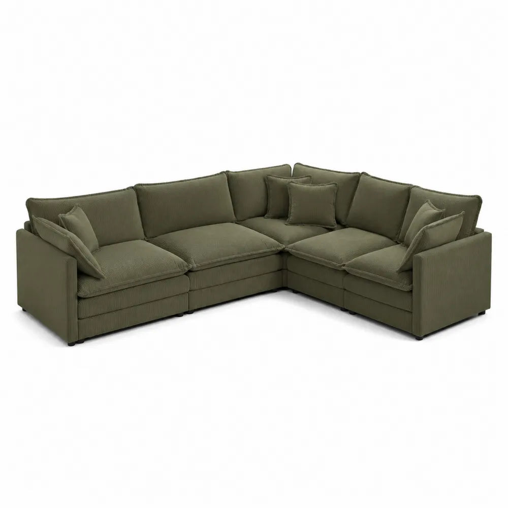 Sofá esquinero modular tapizado en pana verde