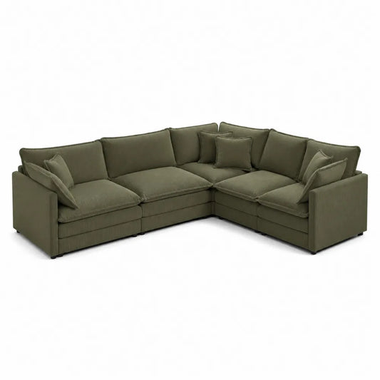 Sofá esquinero modular tapizado en pana verde
